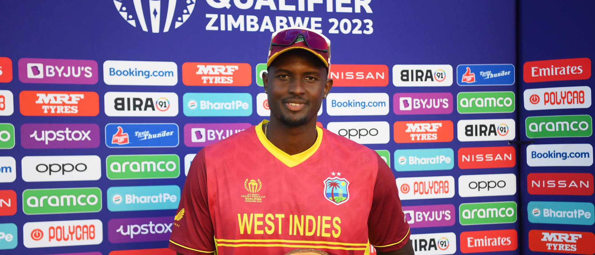 Jason Holder of West Indies poses for a photograph with the Player of the Match award after defeating USA during the ICC Men's Cricket World Cup Qualifier Zimbabwe 2023 match between West Indies and USA at Takashinga Cricket Club on June 18, 2023.