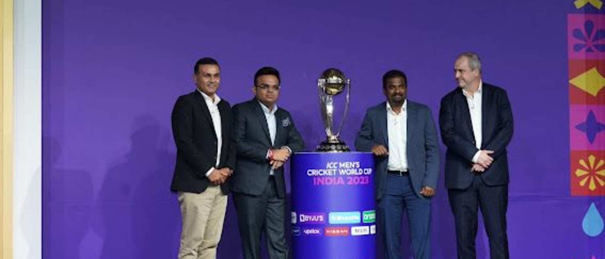 Virender Sehwag, BCCI Secretary Jay Shah, Muttiah Muralidharan and ICC CEO Geoff Allardice at the #WC2023 event schedule announcement event in Mumbai on Tuesday.