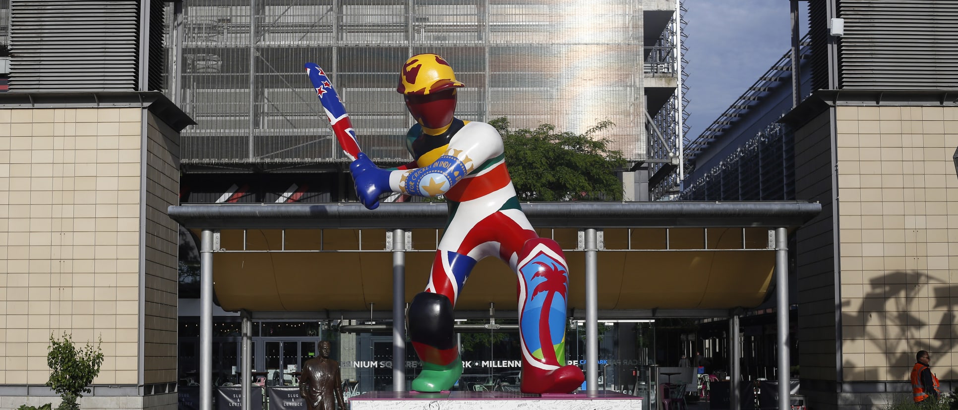 A general view of a giant cricket statue during the ICC Cricket World Cup 2019 at Millennium Square on June 1, 2019 in Bristol, England.