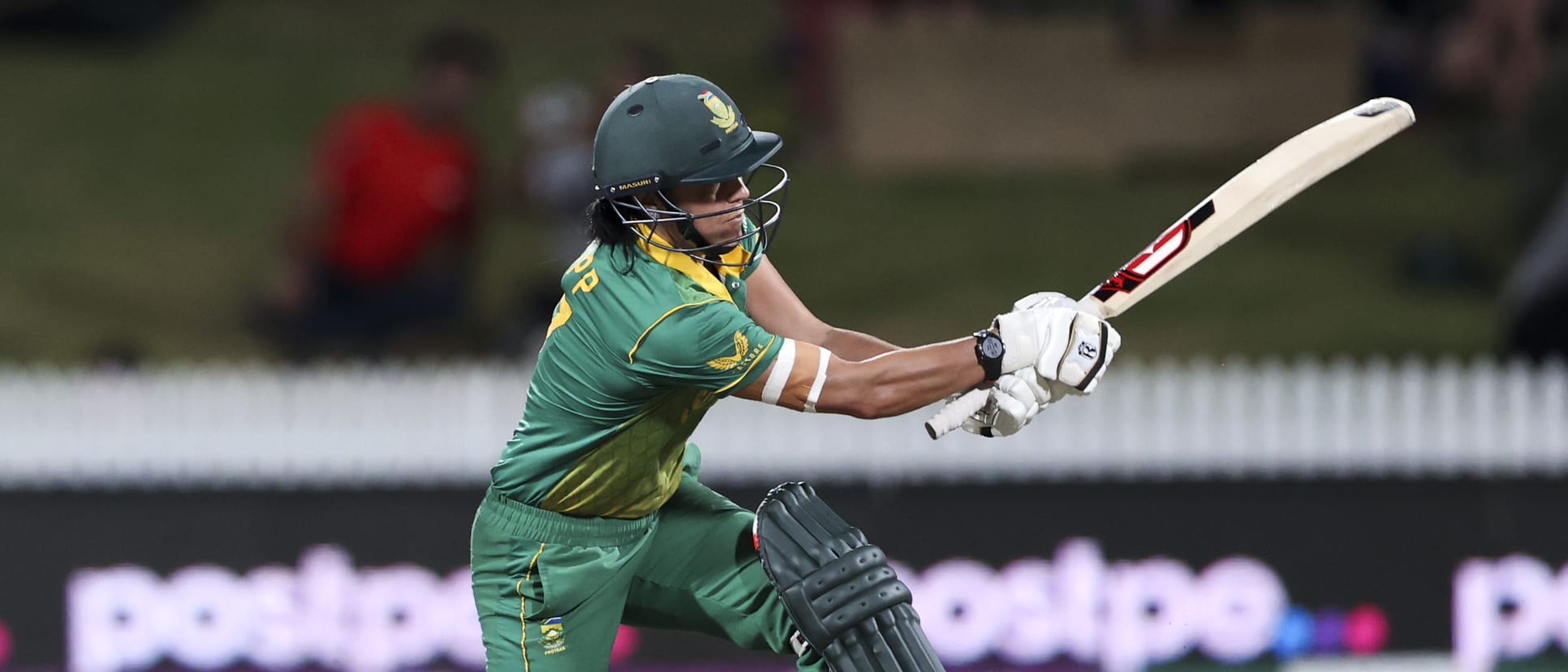 Marizanne Kapp of South Africa hits a four during the 2022 ICC Women's Cricket World Cup match between New Zealand and South Africa at Seddon Park on March 17, 2022 in Hamilton, New Zealand.