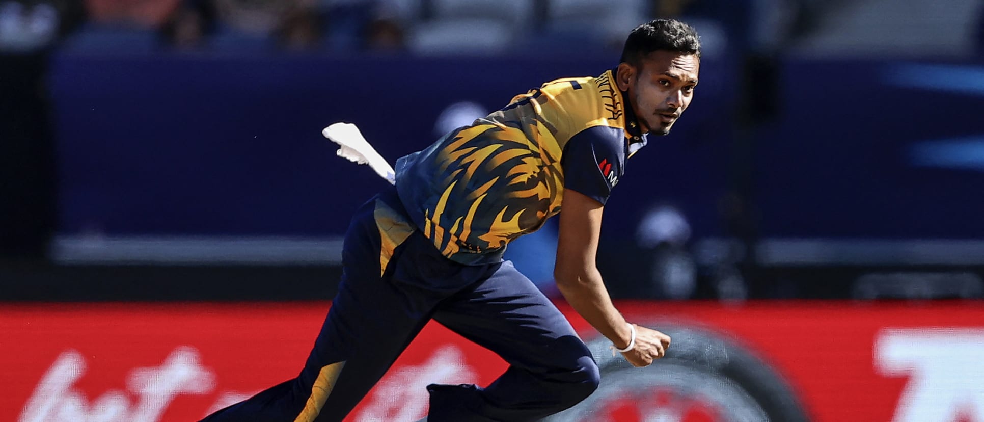 Sri Lanka's Dushmantha Chameera bowls during the Australia 2022 Twenty20 World Cup cricket tournament match between Sri Lanka and Namibia at Kardinia Park in Geelong on October 16, 2022.