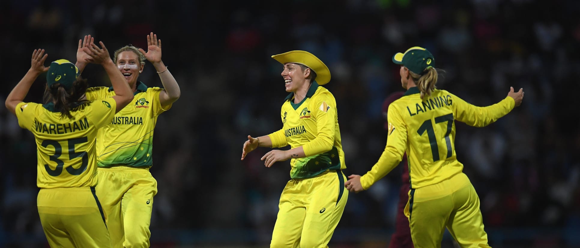 Delissa Kimmince of Australia(2L) celebrates after dismissing Natasha McLean of West Indies during the ICC Women's World T20 2018 Semi-Final match between West Indies and Australia at Sir Viv Richards Cricket Ground on November 22, 2018 in Antigua.
