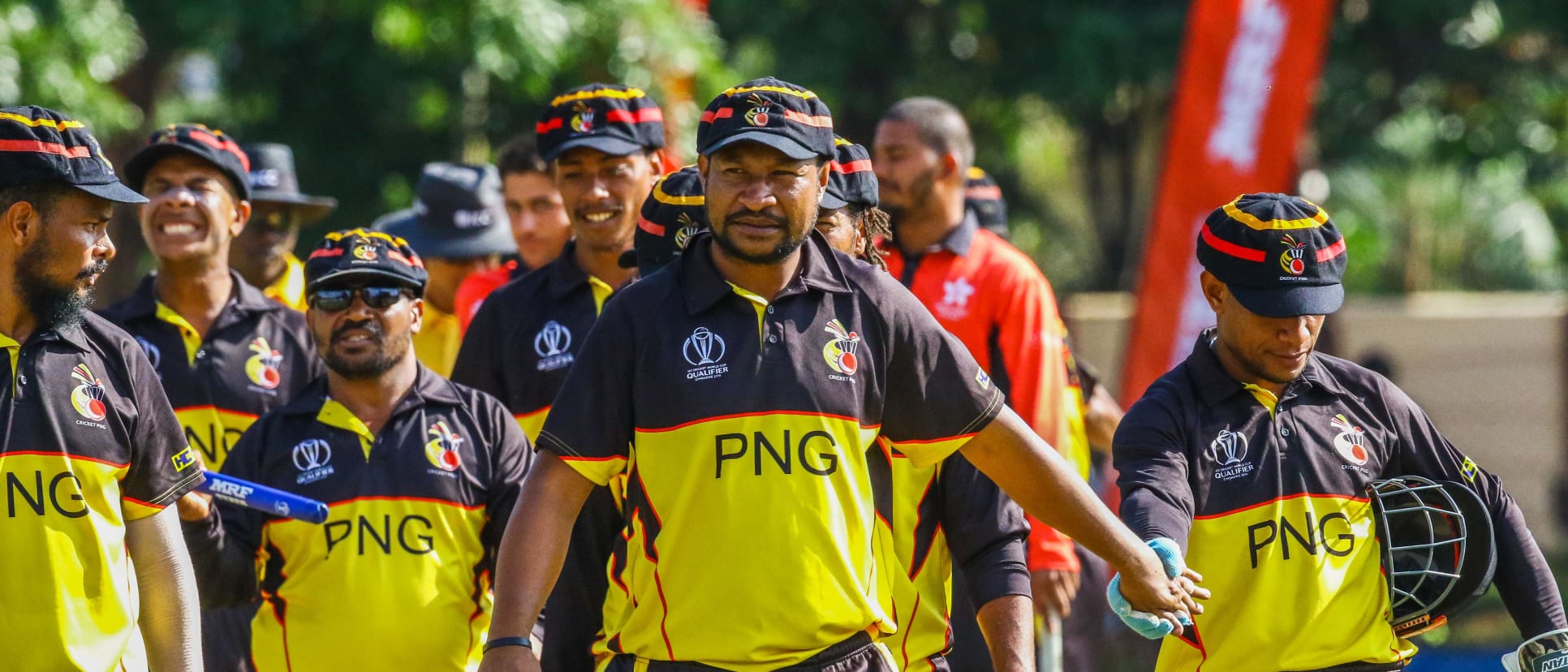 PNG players leave the field after play off match between Hong Kong and Papua New Guinea in the World Cup Quailfiers played at Old Hararians, March 17 2017 (©ICC).