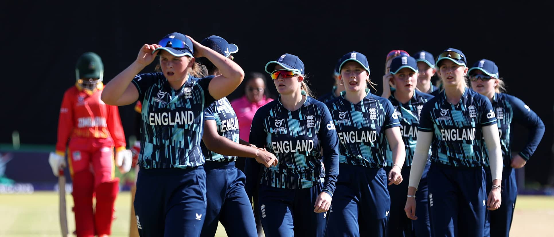 Grace Scrivens of England leads England off following the ICC Women's U19 T20 World Cup 2023 match between England and Zimbabwe at JB Marks Oval on January 15, 2023 in Potchefstroom, South Africa.