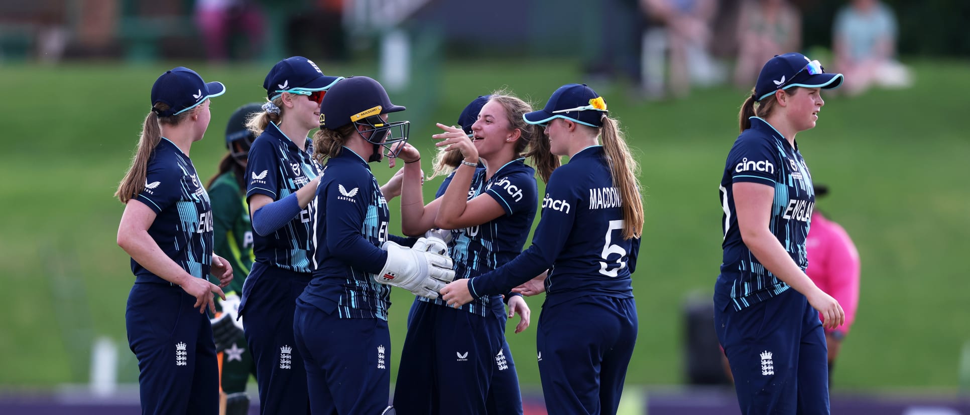 Hannah Baker of England celebrates the wicket of Shawaal Zulfiqar of Pakistan during the ICC Women's U19 T20 World Cup 2023 match between England and Pakistan at JB Marks Oval on January 17, 2023 in Potchefstroom, South Africa.