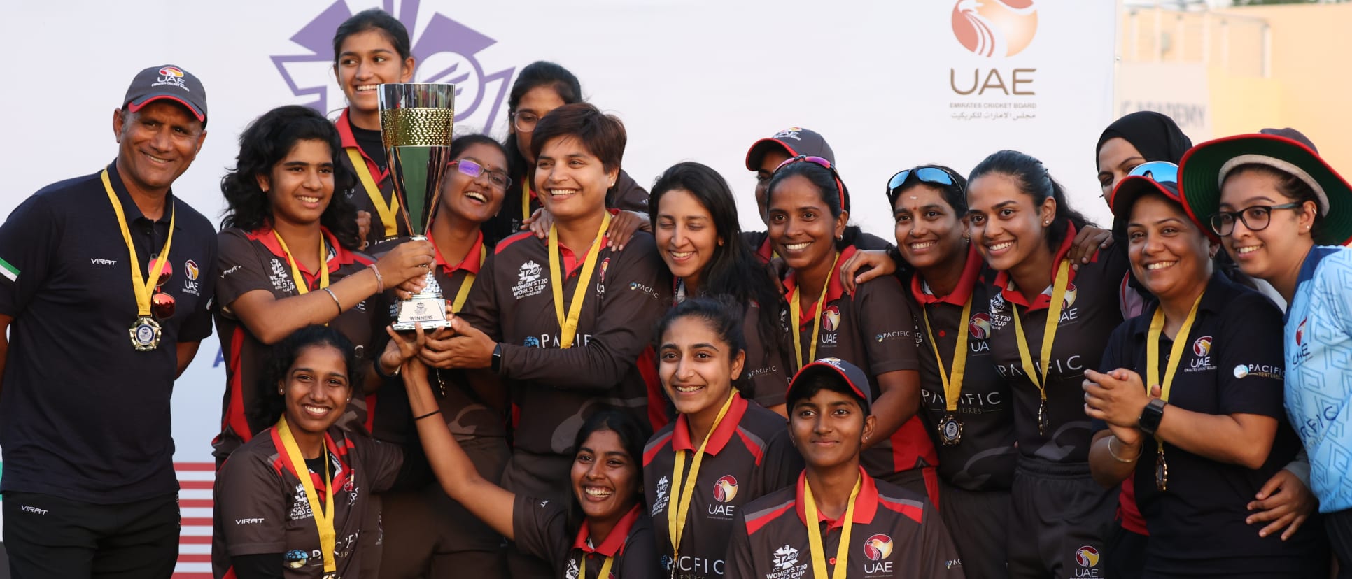 UAE with ICC Women’s T20 World Cup Asia Qualifier trophy