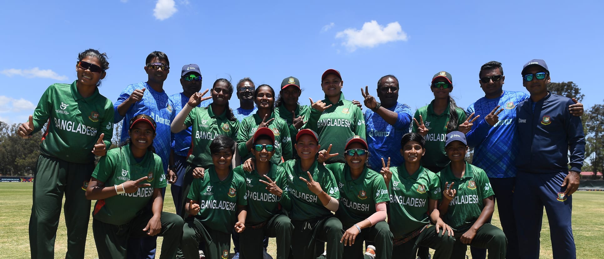 Players of Bangladesh pose for a group photograph after the ICC Women's U19 T20 World Cup 2023 match between and at Willowmoore Park on January 16, 2023 in Benoni, South Africa.