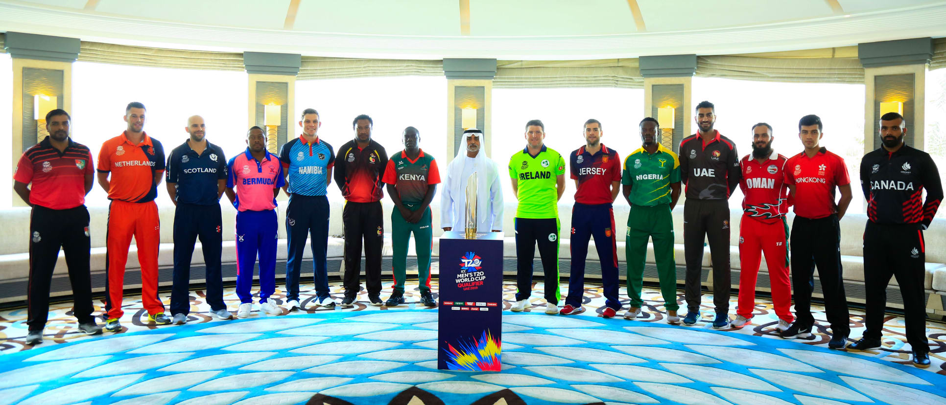 ICC Men’s T20 World Cup Qualifier Trophy with HE Sheikh Nahyan Mabarak Al Nahyan and the 14 Captains