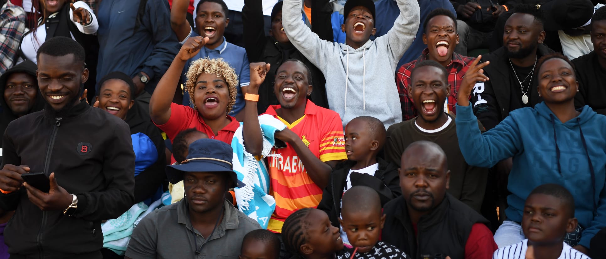 Spectators react during the ICC Men's Cricket World Cup Qualifier Zimbabwe 2023 match between Zimbabwe and West Indies at Harare Sports Club on June 24, 2023 in Harare, Zimbabwe.