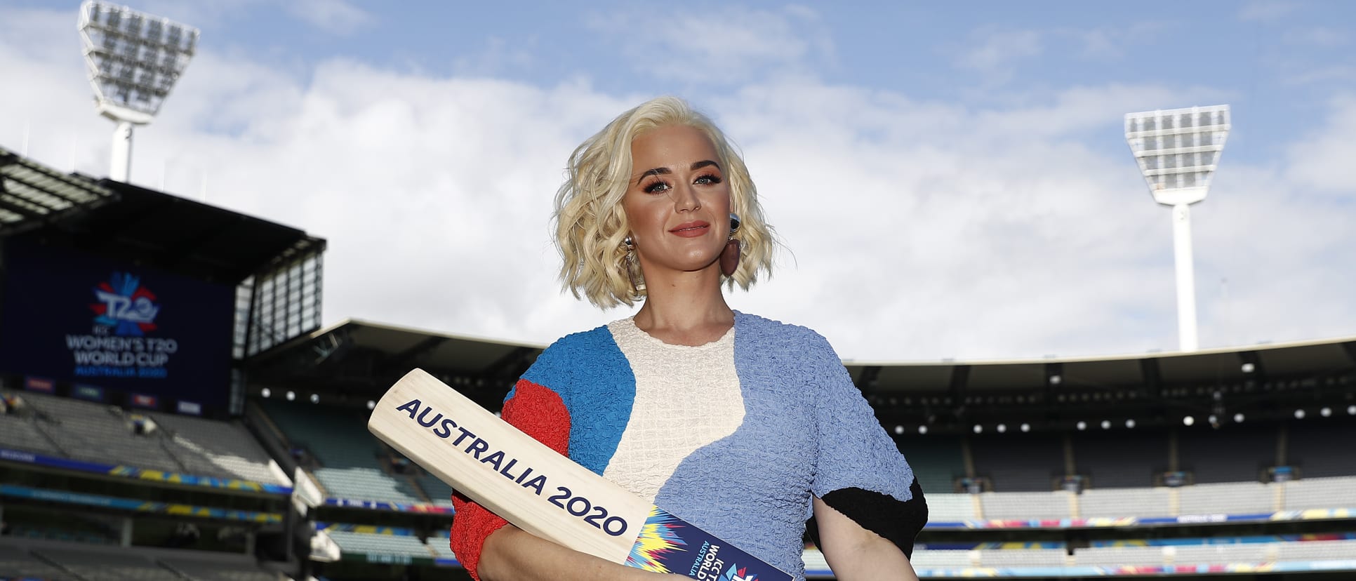 Singer Katy Perry poses during the 2020 ICC Women's T20 World Cup Media Opportunity at Melbourne Cricket Ground on March 07, 2020 in Melbourne, Australia.