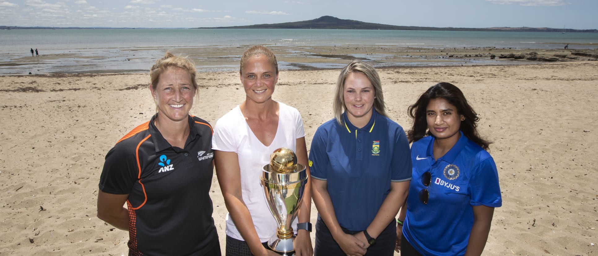 Cricketers Sophie Devine, Suzie Bates, Dane van Niekerk and Mithali Raj pose together at Auckland’s Kohimarama Beach as part of the ICC Women’s World Cup 2021 Host City Announcement event on Thursday.