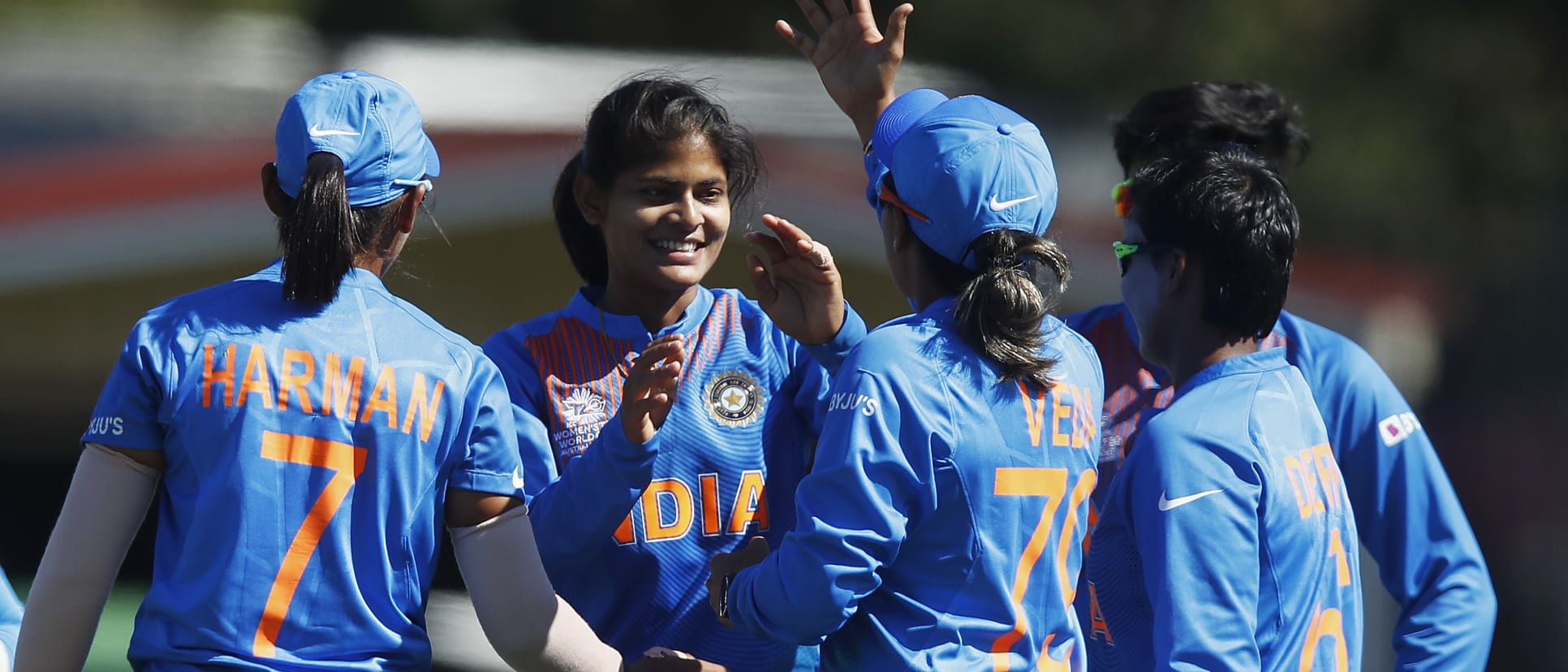 Radha Yadav of India (2L) celebrates with Veda Krishnamurthy of India (C) after combining for the wicket of Hansima Karunarathna of Sri Lanka during the ICC Women's T20 Cricket World Cup match between India and Sri Lanka on February 29, 2020.