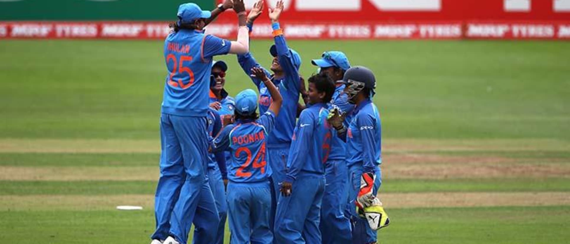 Indian players celebrate the wicket of Stafanie Taylor of West Indies during the ICC Women's World Cup 2017 match between West Indies and India