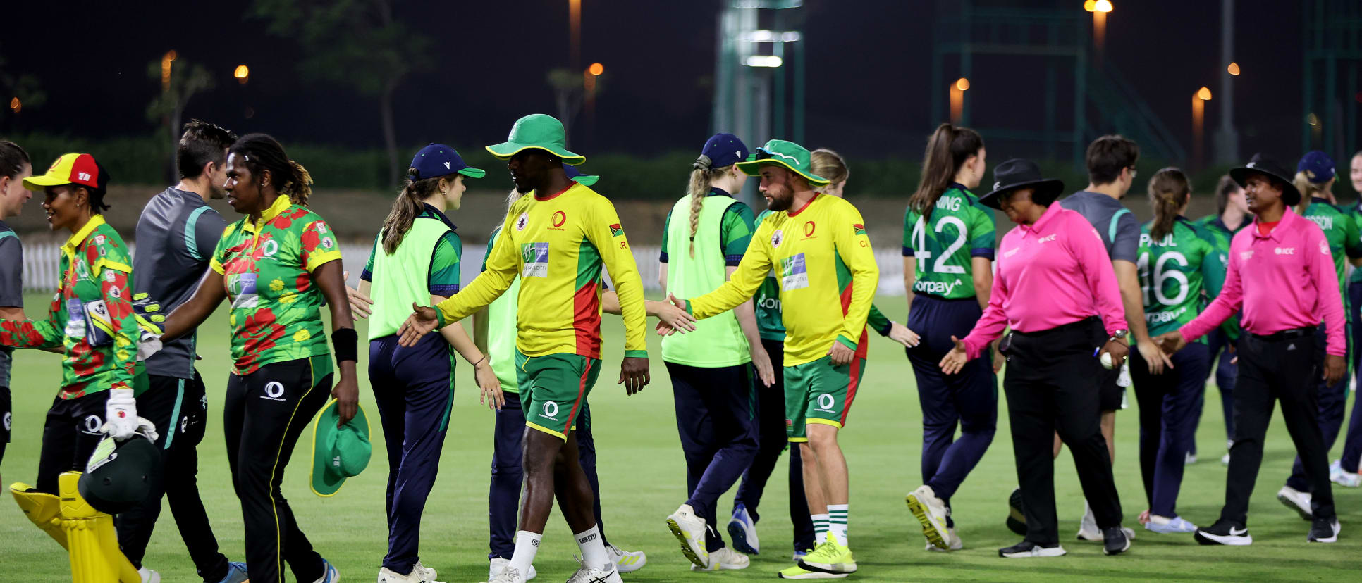 Players of Ireland shake hands with players of Vanuatu after the ICC Women's T20 World Cup Qualifier 2024 match between Vanuatu and Ireland at Tolerance Oval on May 01, 2024 in Abu Dhabi, United Arab Emirates.