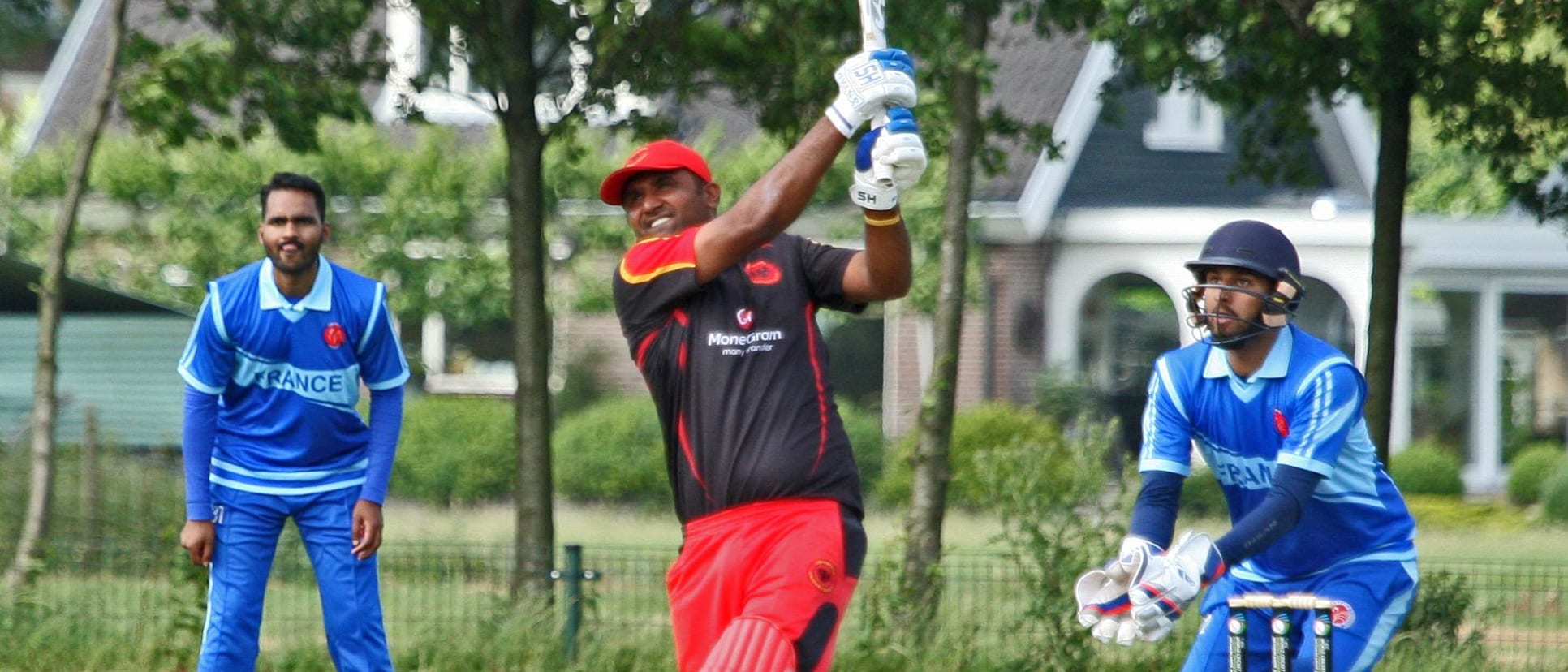Mudassar Muhammad hits a massive six to bring Germany victory over France at the ICC Europe Division 1 Tournament in Voorburg, The Netherlands