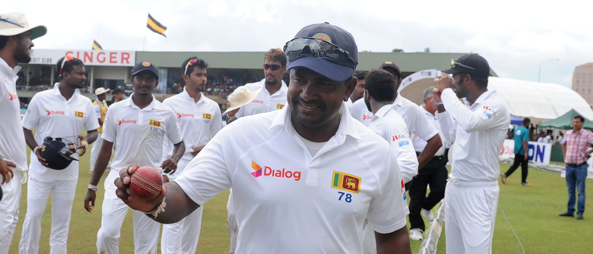 Rangana Herath celebrates the Test win