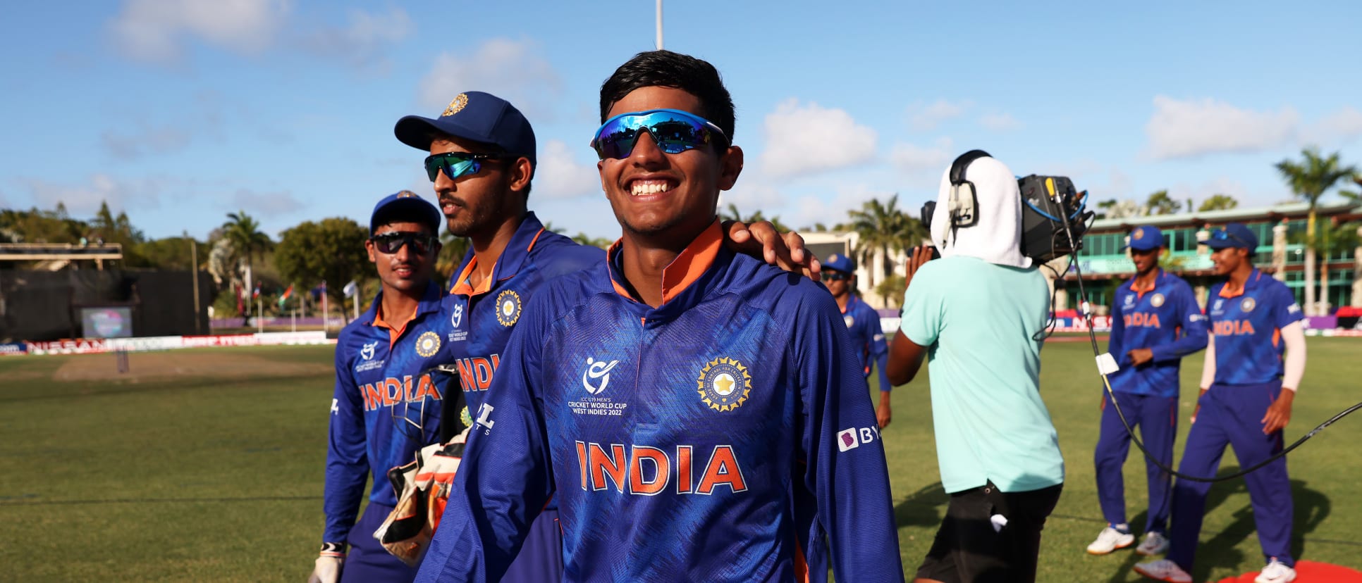 Yash Dhull of India celebrates following the ICC U19 Men's Cricket World Cup Super League Semi Final 2 match between India and Australia at Coolidge Cricket Ground on February 02, 2022 in Antigua, Antigua and Barbuda.