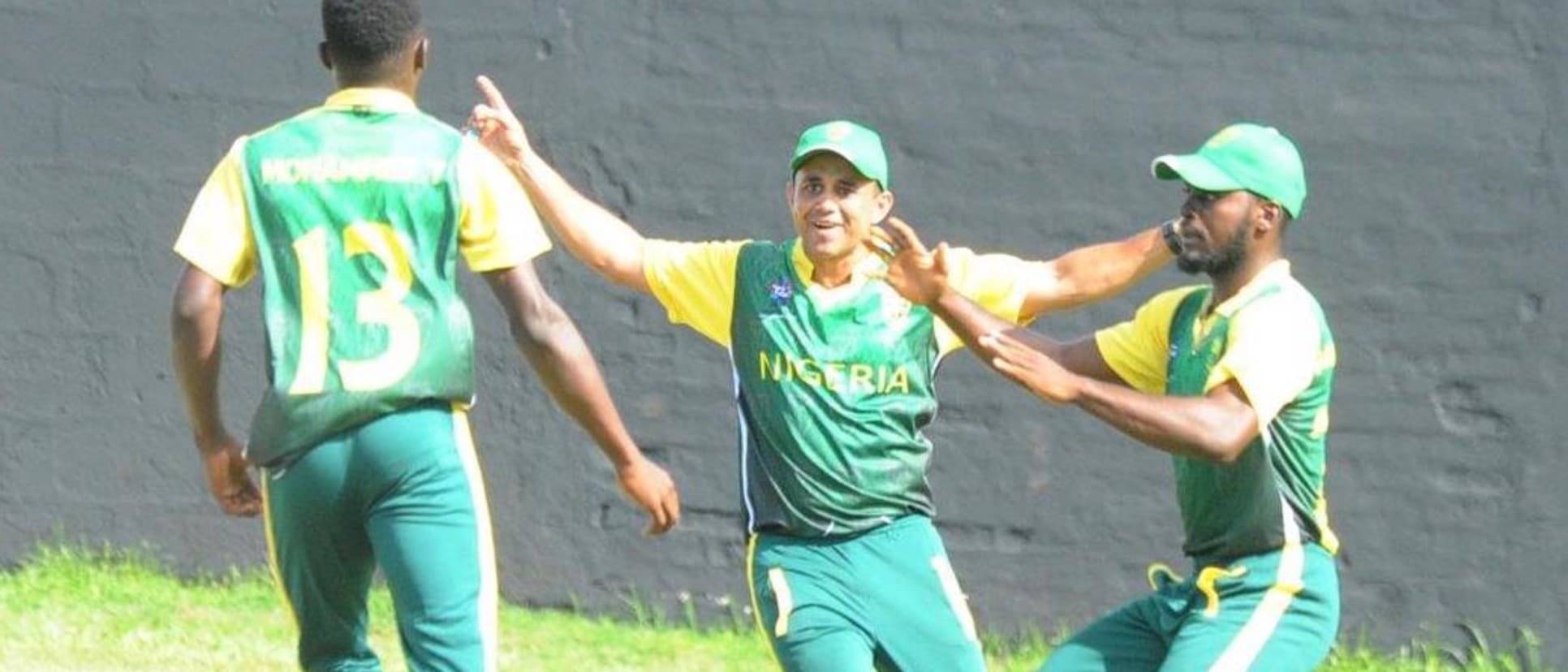 Nigeria's players celebrate the fall a wicket against Botswana