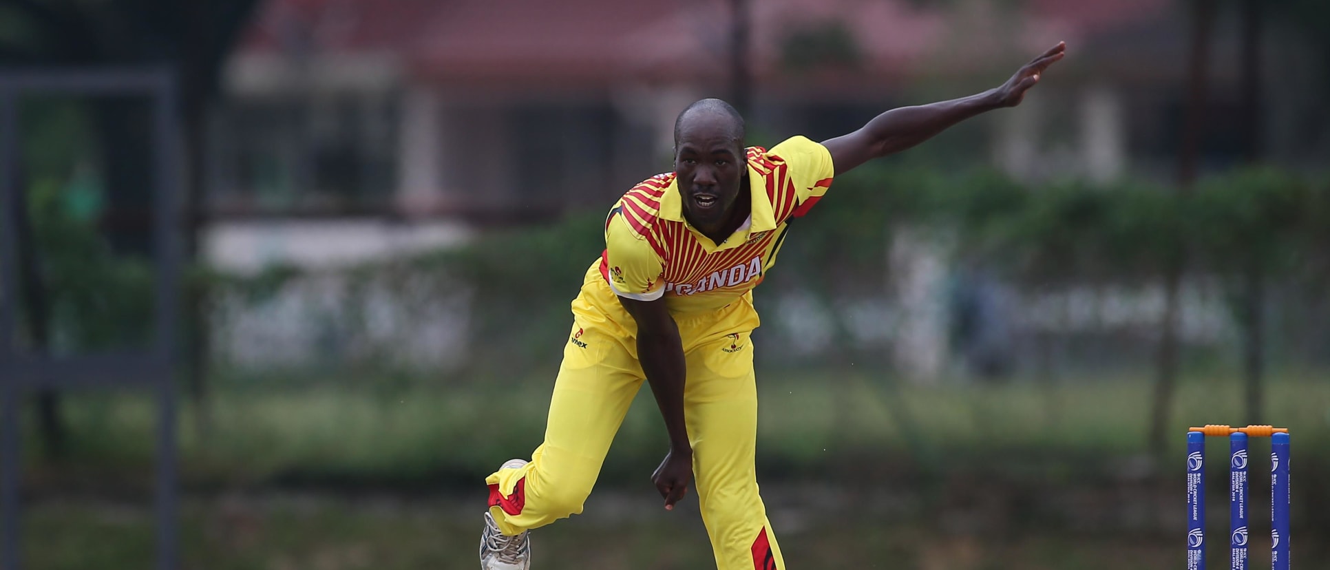 Frank Nsubuga of Uganda bowls during a WCL Division 4 match against Denmark