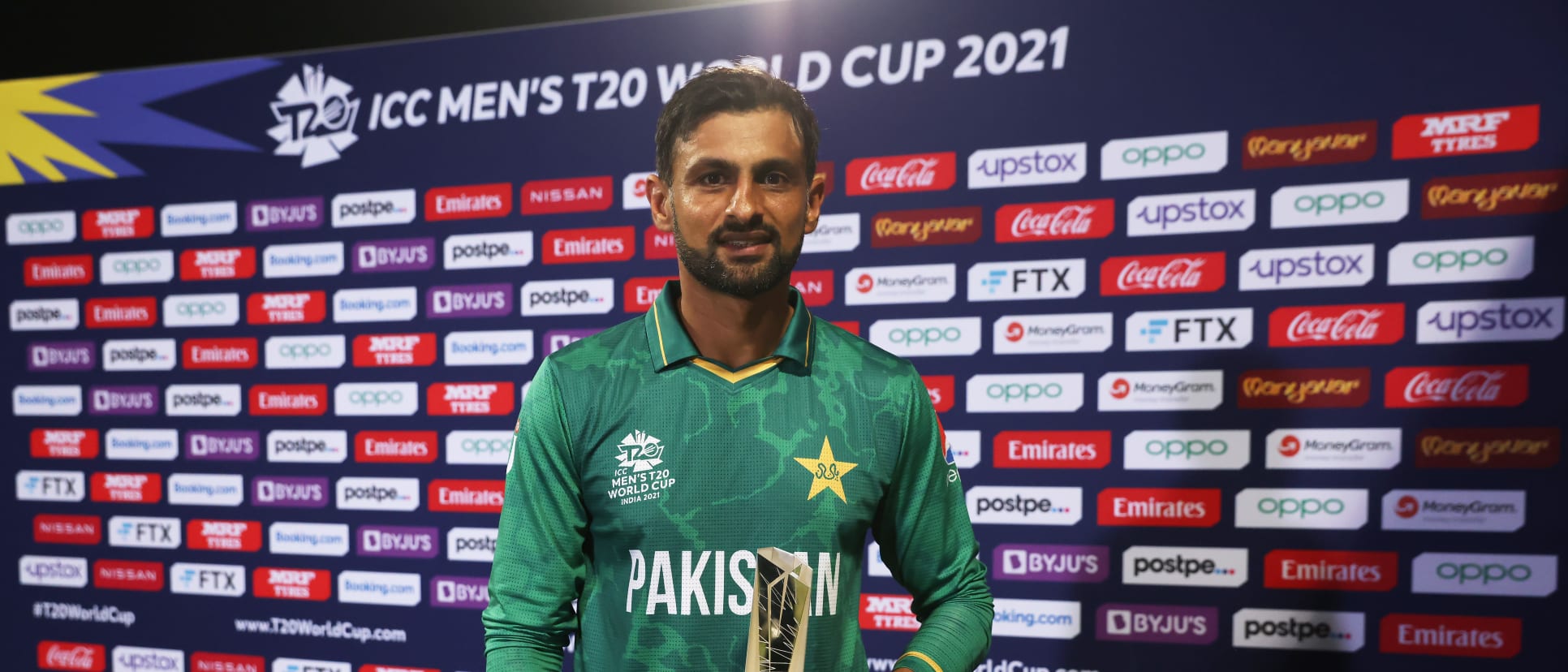 Shoaib Malik of Pakistan poses after being named Player of the Match following the ICC Men's T20 World Cup match between Pakistan and Scotland at Sharjah Cricket Stadium on November 07, 2021 in Sharjah, United Arab Emirates.