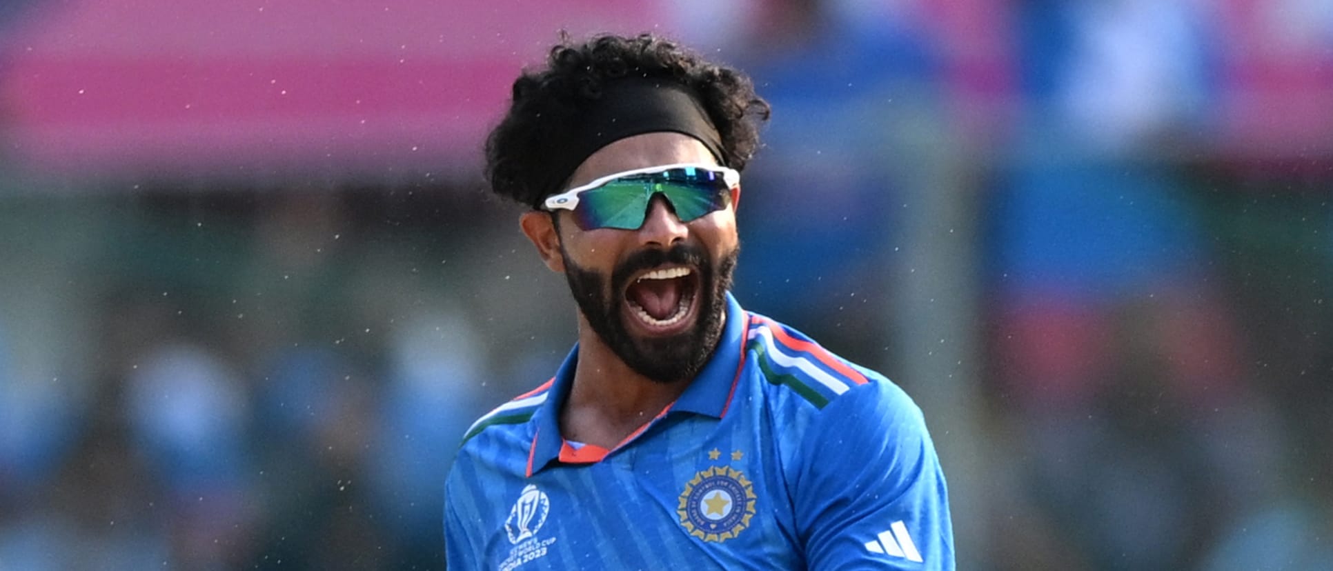 India's Ravindra Jadeja celebrates after taking the wicket of Australia's Alex Carey during the 2023 ICC Men's Cricket World Cup 