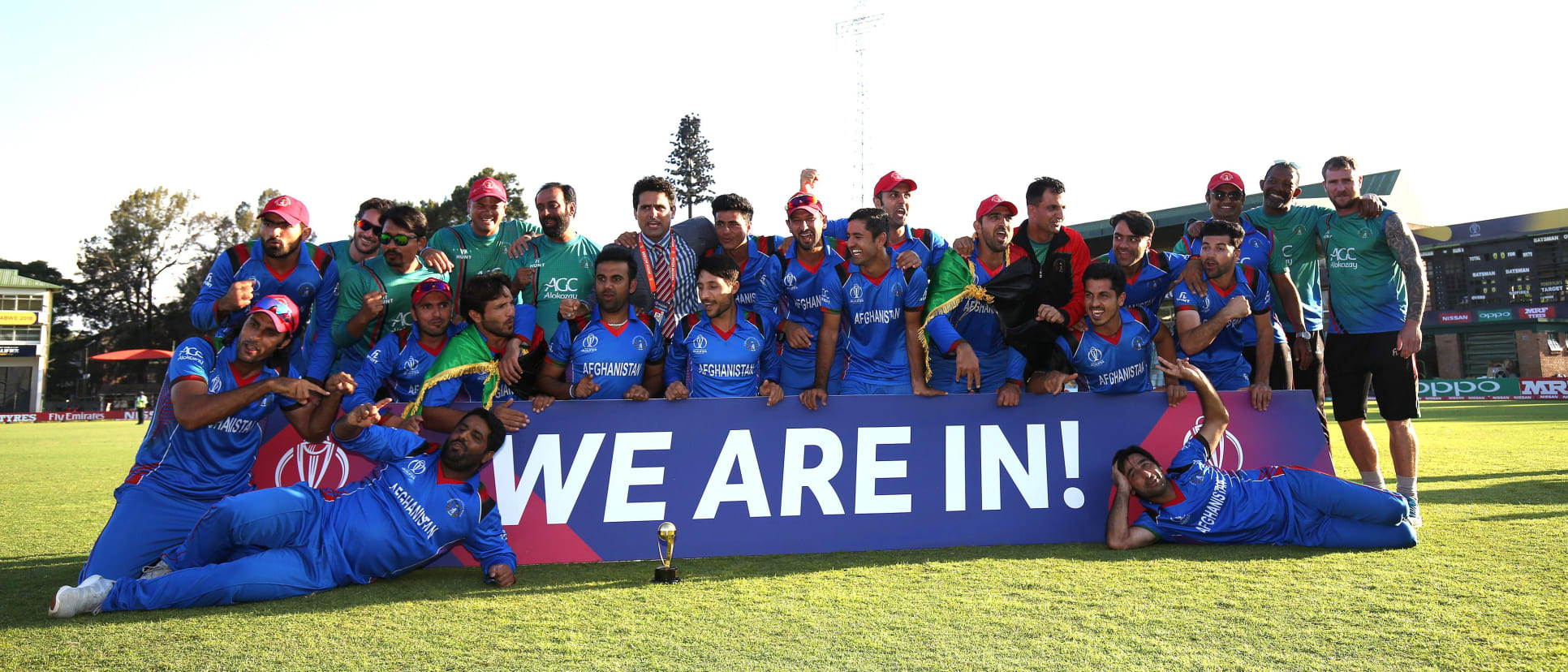 The winning Afghanistan team after The ICC Cricket World Cup Qualifier between Ireland and Afghanistan at The Harare Sports Club on March 23, 2018 in Harare, Zimbabwe (©ICC).