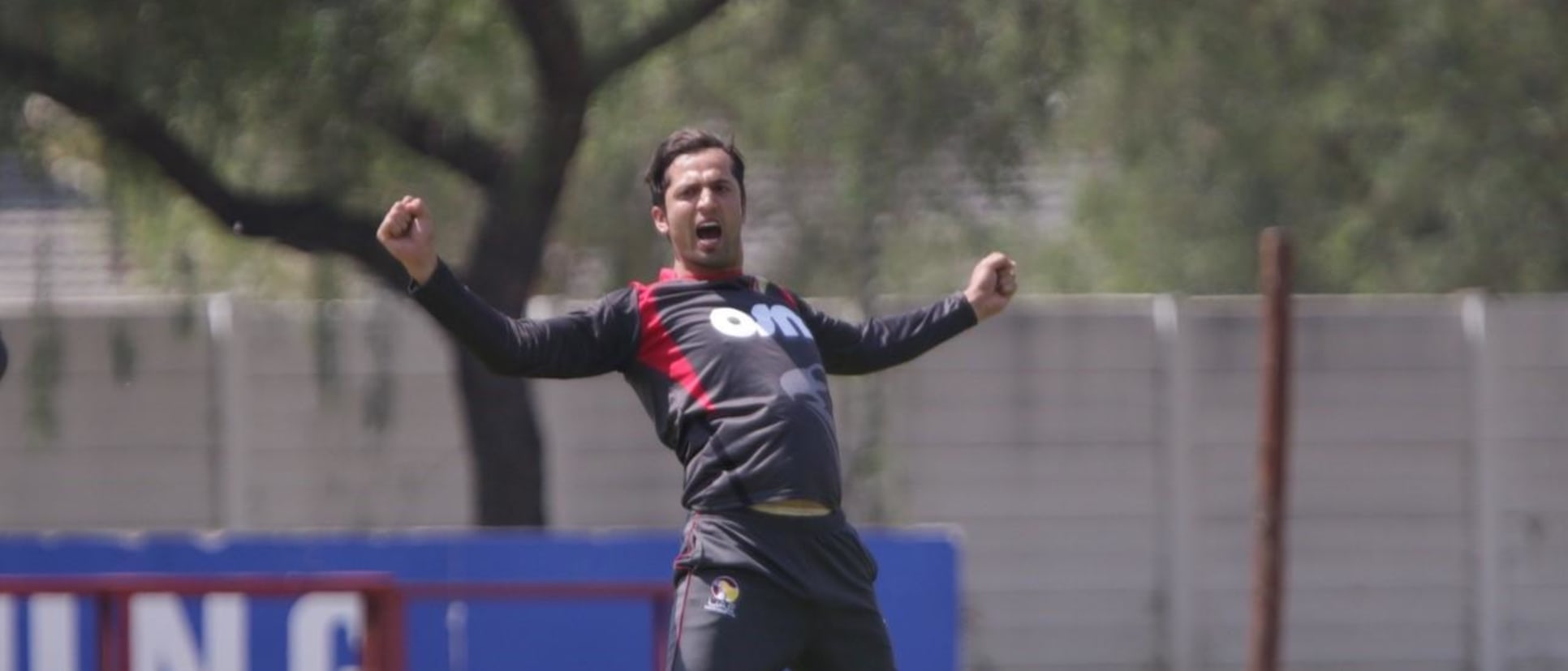 Rohan Mustafa of UAE celebrates a wicket against Namibia.