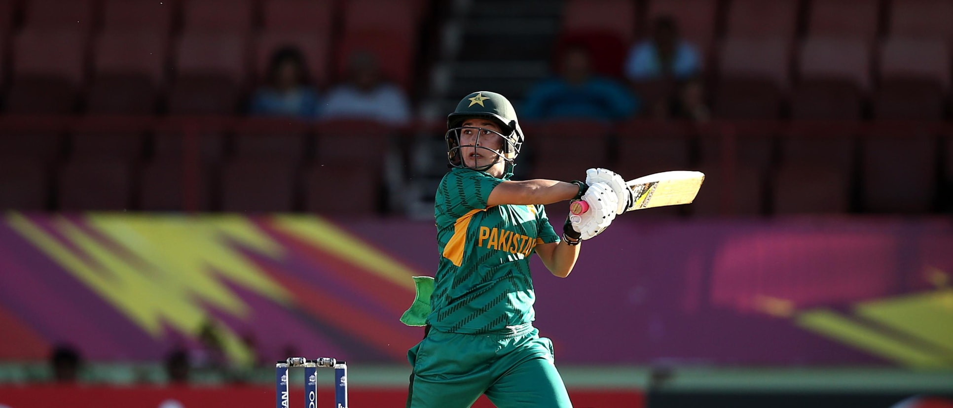 Nahida Khan of Pakistan bats during the ICC Women's World T20 2018 match between Pakistan and Ireland at Guyana National Stadium on November 13, 2018 in Providence, Guyana.