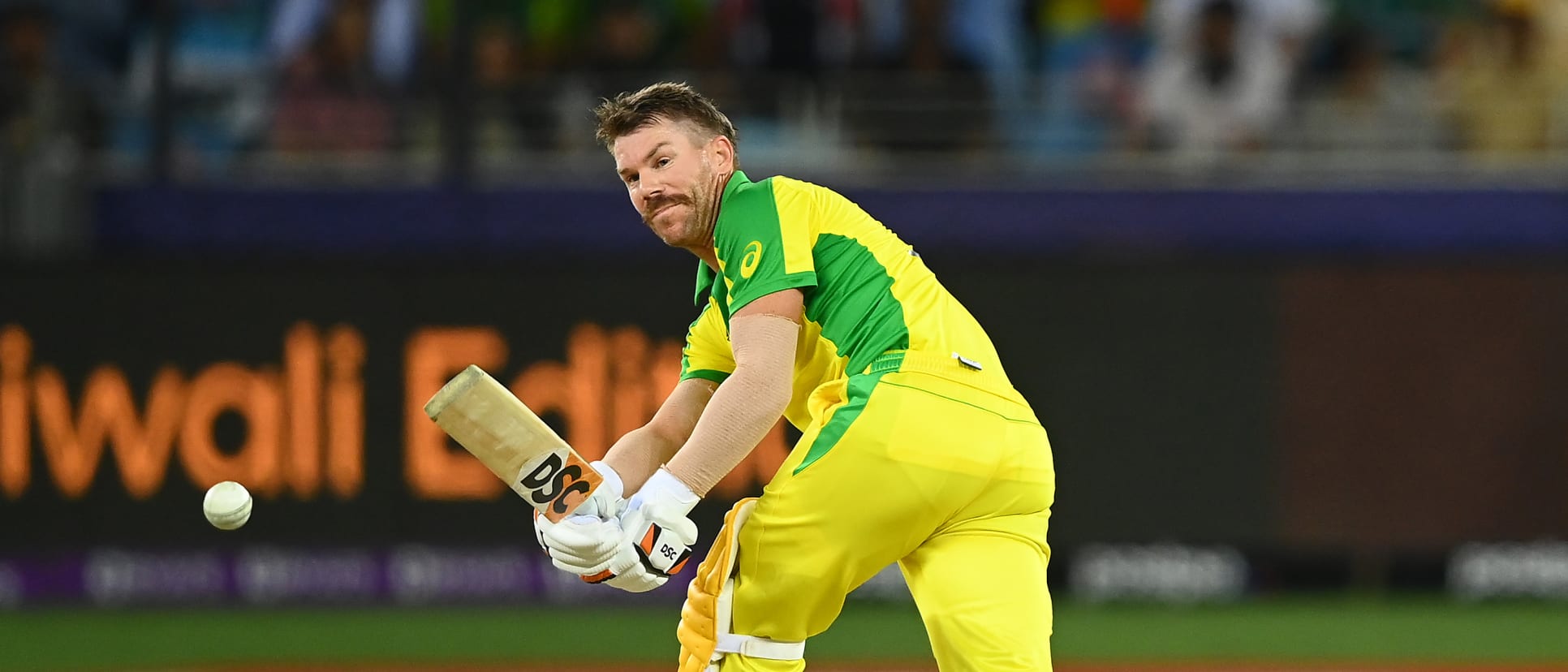 David Warner of Australia plays a shot during the ICC Men's T20 World Cup final match between New Zealand and Australia