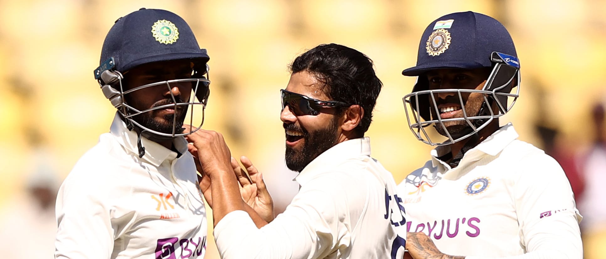 Ravindra Jadeja of India celebrates taking the wicket of Pat Cummins of Australia during day three of the First Test match in the series between India and Australia at Vidarbha Cricket Association Ground on February 11, 2023 in Nagpur, India.