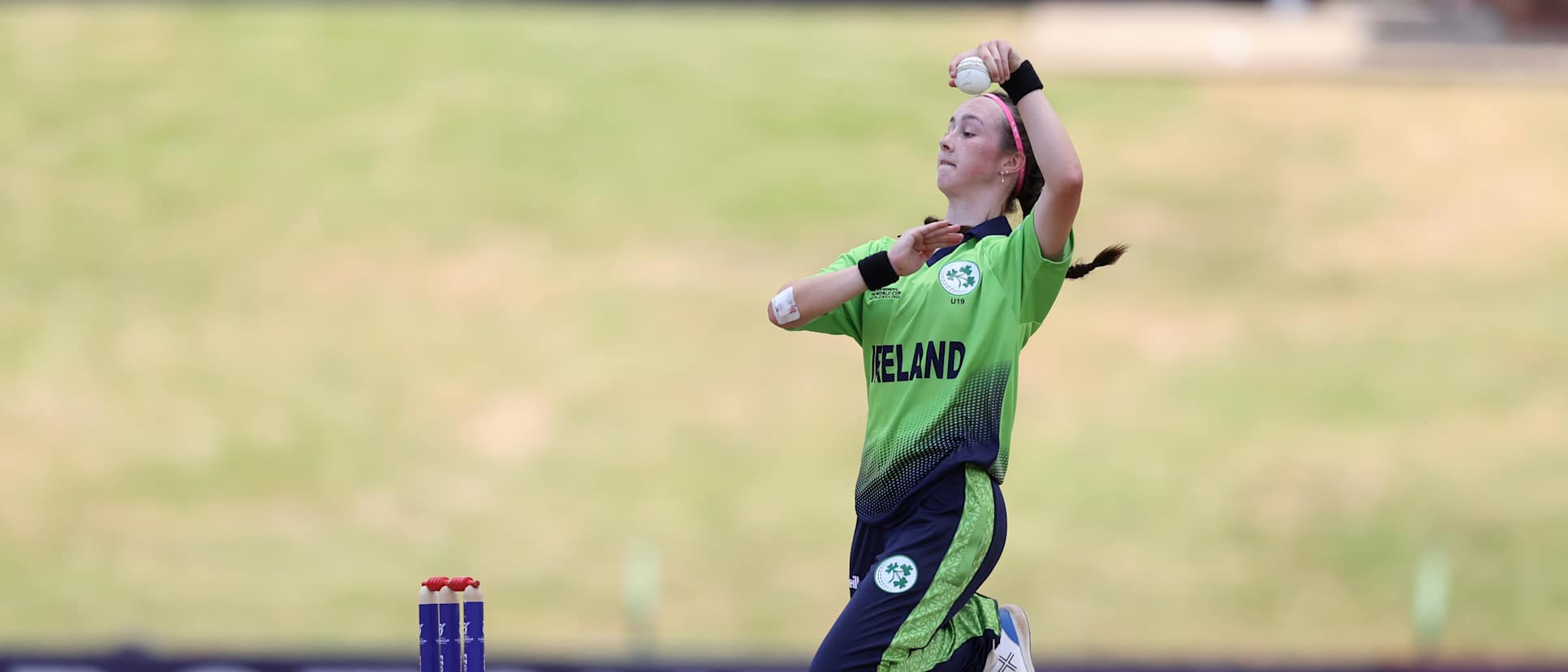 Aimee Maguire of Ireland in bowling action during the ICC Women's U19 T20 World Cup 2023 match between Ireland and Indonesia at JB Marks Oval on January 19, 2023 in Potchefstroom, South Africa.