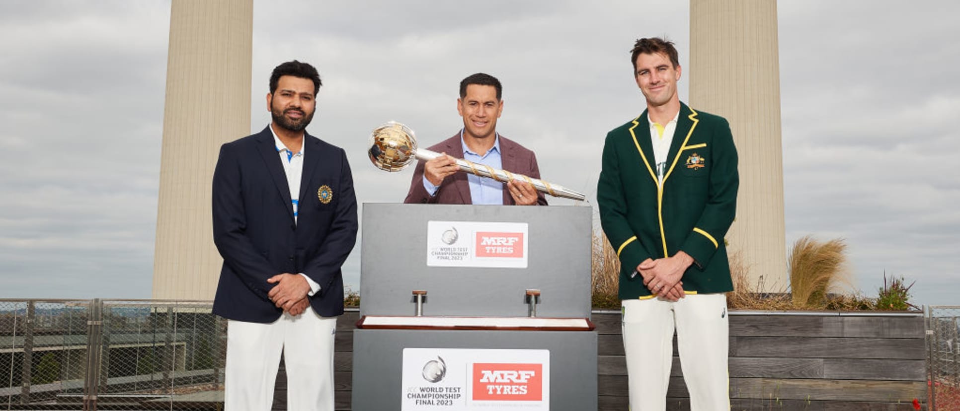Rohit Sharma, Ross Taylor and Pat Cummins pose with the ICC World Test Championship mace