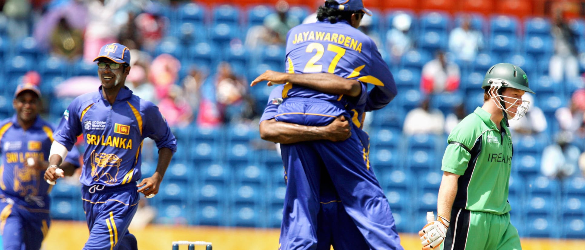 Sri Lanka captain Mahela Jayawardena celebrates the dismissal of Eoin Morgan at the 2007 World Cup