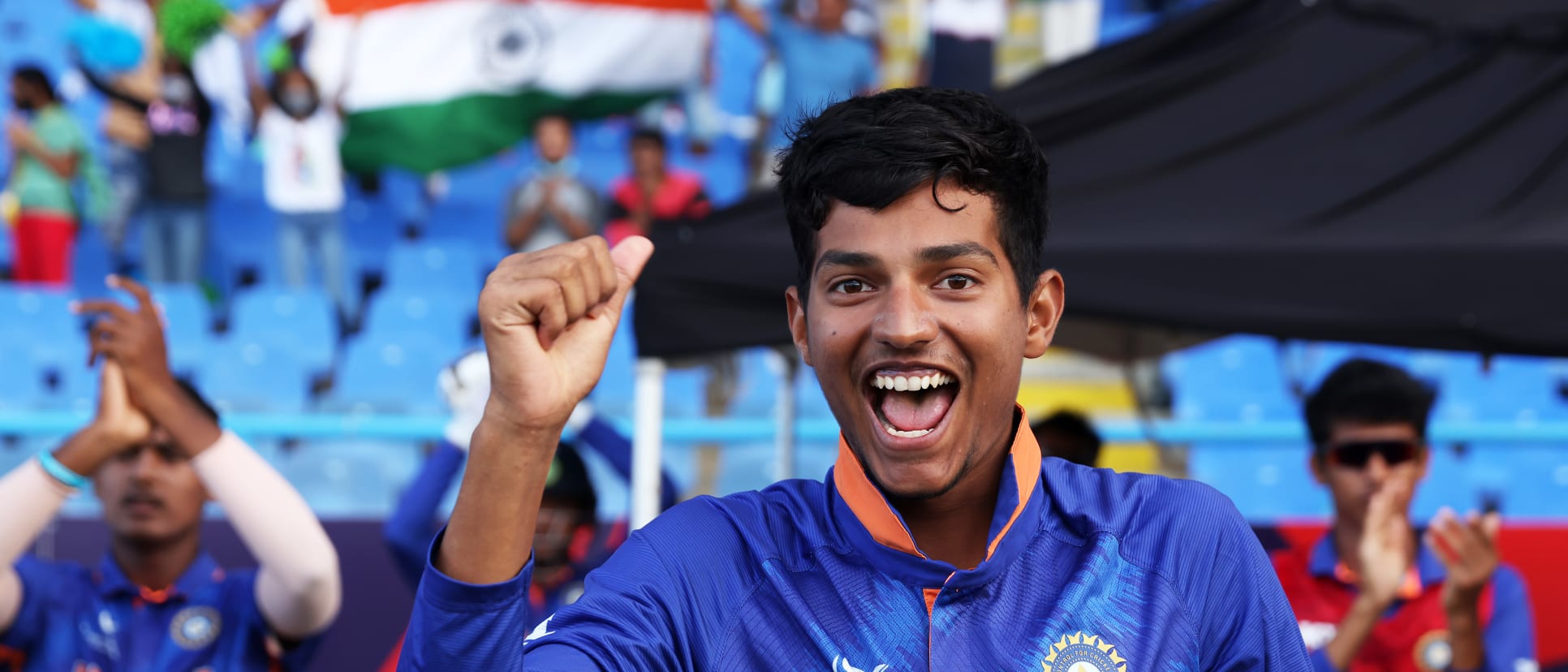 Yash Dhull of India reacts during the ICC U19 Men's Cricket World Cup Final match between England and India at Sir Vivian Richards Stadium on February 05, 2022 in Antigua, Antigua and Barbuda.