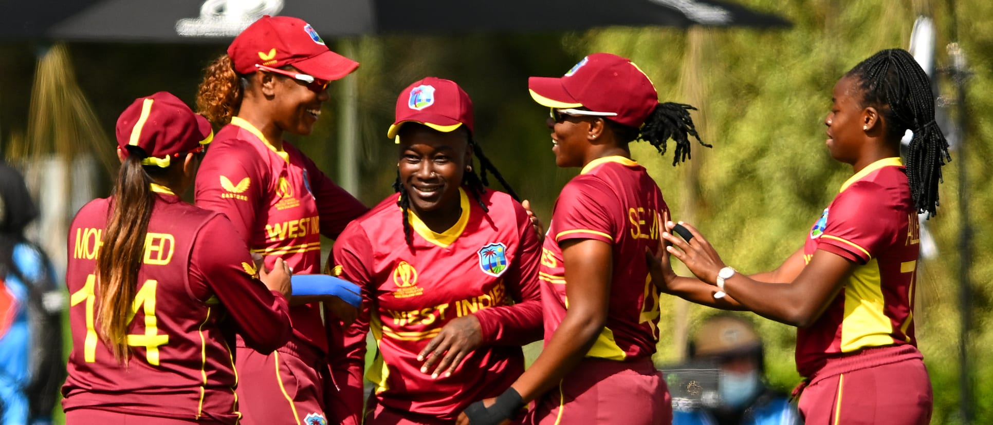 Deandra Dottin of West Indies is congratulated by team mates after catching out Lauren Winfield-Hill