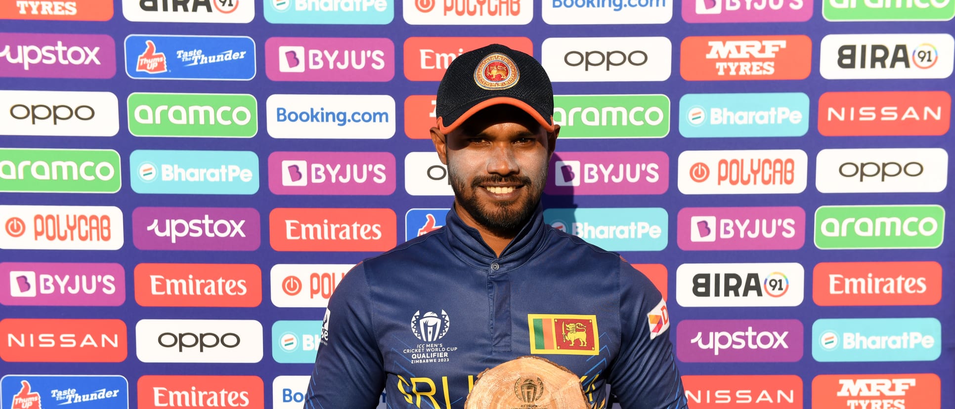 Dhananjaya de Silva of Sri Lanka poses after being named Player of the Match following the ICC Men's Cricket World Cup Qualifier Zimbabwe 2023 Super 6 match between Sri Lanka and Netherlands at Queen’s Sports Club on June 30, 2023 in Bulawayo, Zimbabwe.