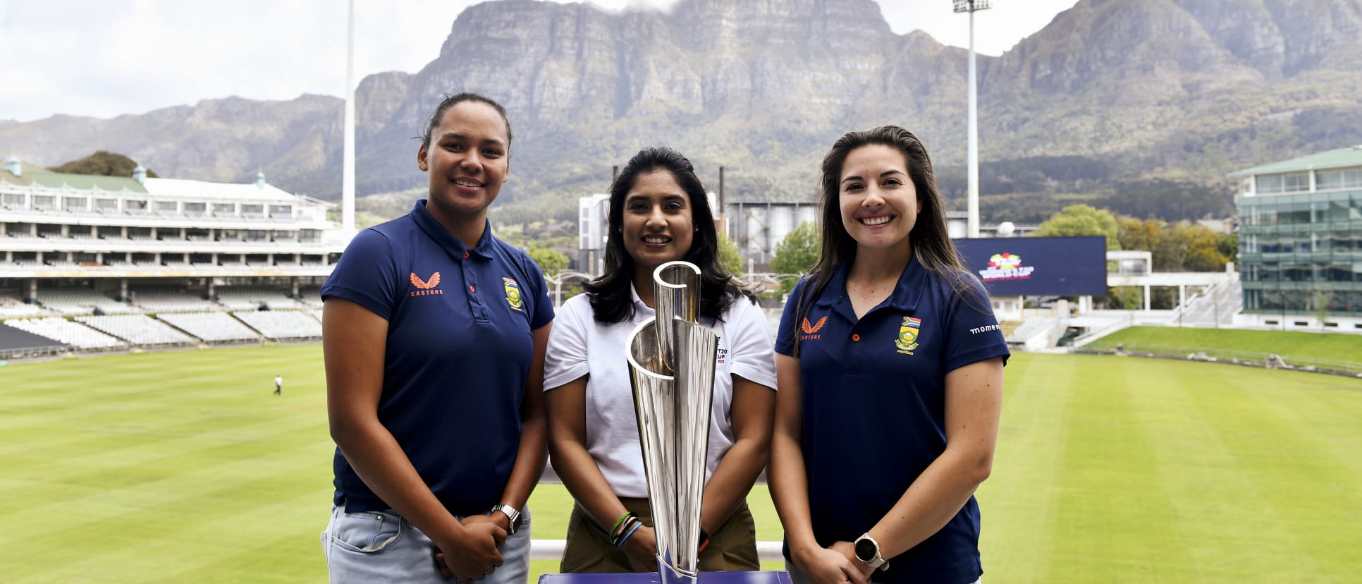 Lara Goodall, Mithali Raj and Sune Luus with the ICC Women's T20 World Cup Trophy at Newlands Cricket Ground