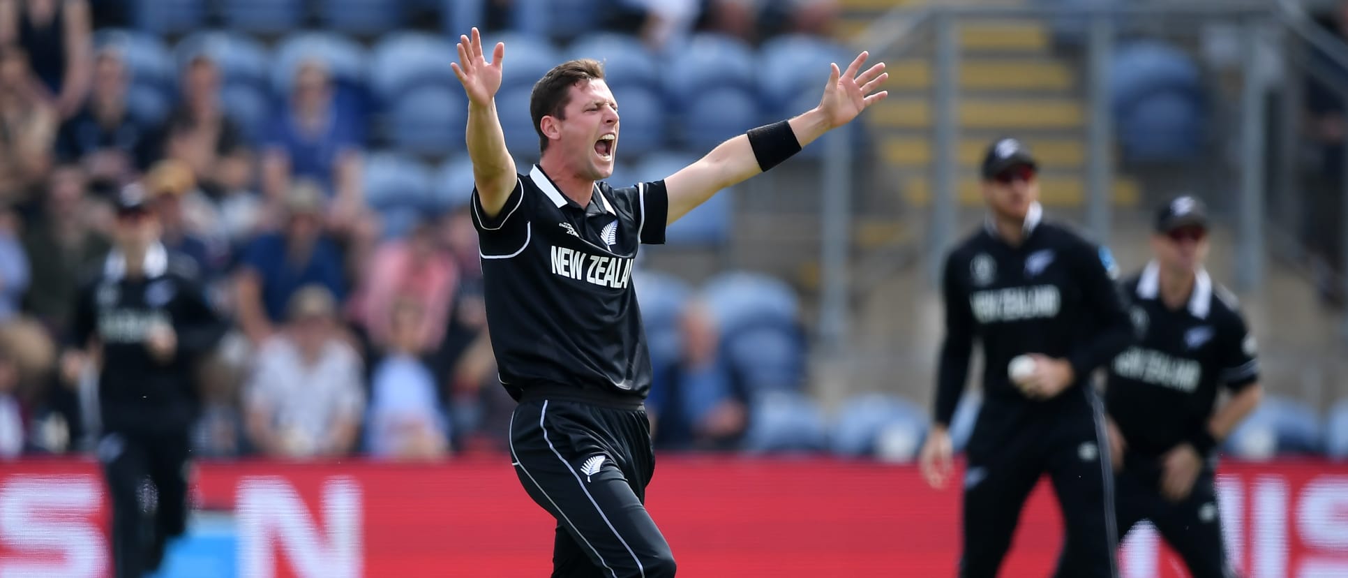 Matt Henry celebrates a wicket against Sri Lanka in Cardiff at the 2019 ICC Cricket World Cup