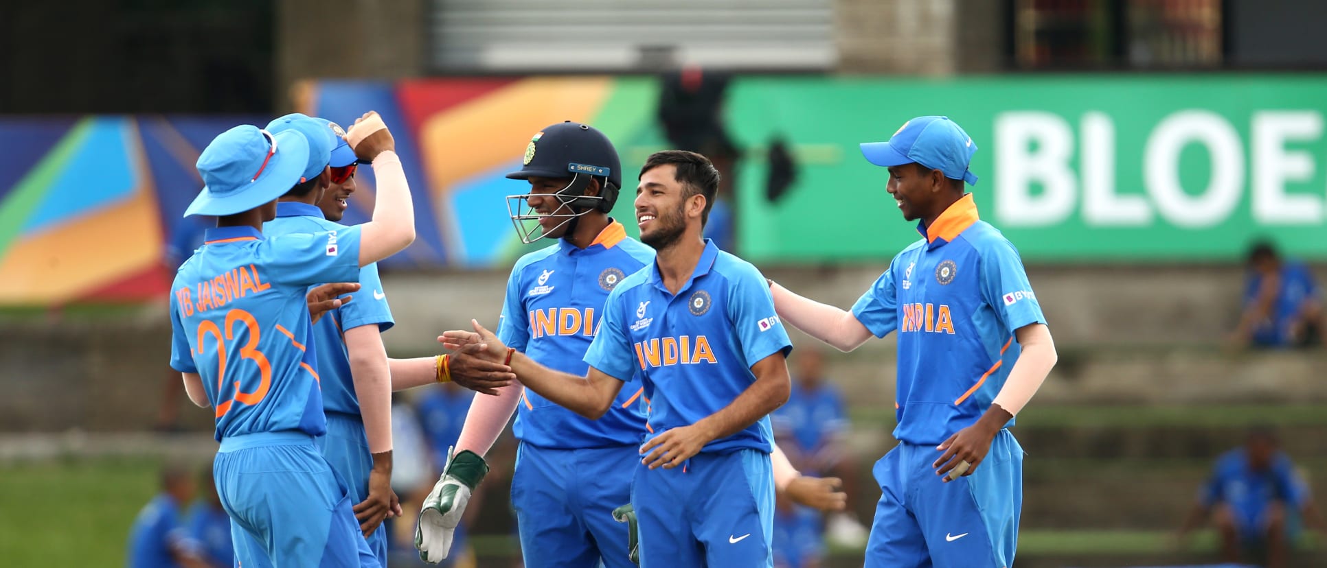 Ravi Bishnoi of India celebrates a wicket with team mates during the ICC U19 Cricket World Cup Group A match between India and Japan at Mangaung Oval on January 21, 2020 in Bloemfontein, South Africa.