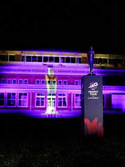 The ICC Women’s T20 World Cup trophy is projected on the Lord’s Cricket Ground’s famous pavilion to mark 60 Days to Go to the opening match on 12 June. Photo credit: International Cricket Council (ICC)