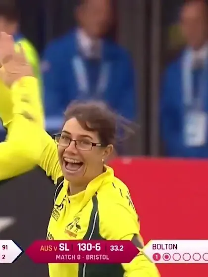 Logo of WICKET: Hasini Perera falls to Nicole Bolton for a duck