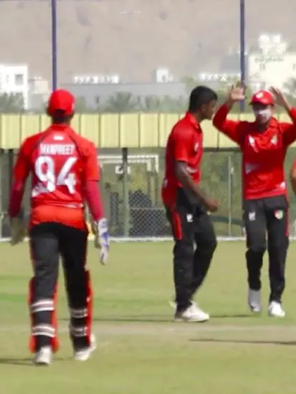 WCL Div 3 – Kenya's Dhiren Gondaria is dismissed caught and bowled against Singapore