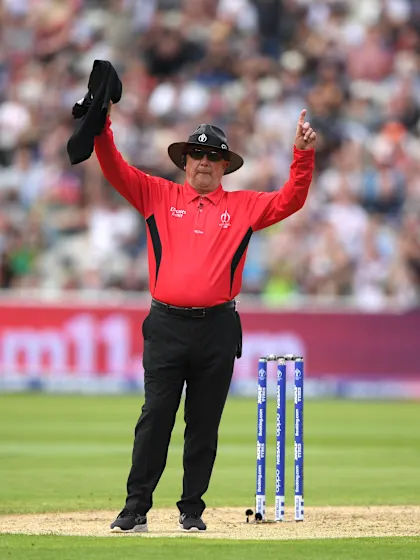 Umpire Gould prepares to raise his finger for the final time at Headingley