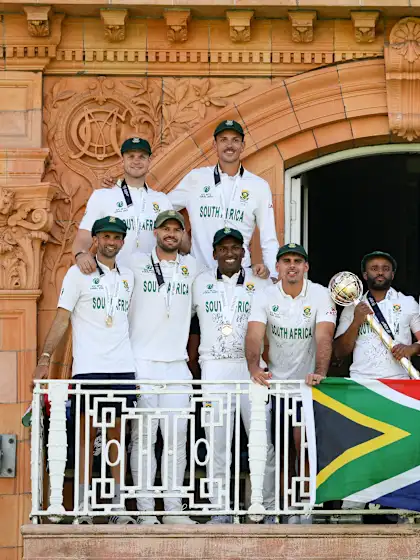 Logo of South Africa with ICC World Test Championship Mace on player dressing room balcony at Lord's Cricket Ground