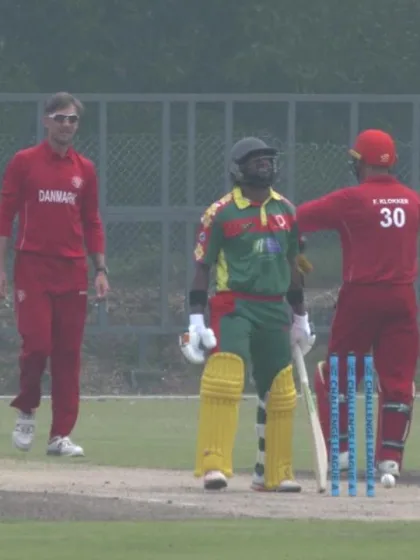 ICC CWC Challenge Group A – DEN v VAN: Matautaava is bowled by Laegsgaard
