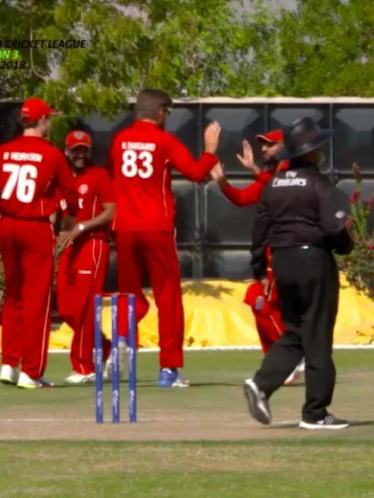 WCL Div 3 – Denmark bowler Nicolaj Laegsgaard sends back an Oman batsman