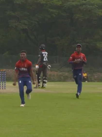 U19 CWC Asia Q Div 1: United Arab Emirates v Nepal – Sagar Dhakal  holds on to a catch off his bowling to dismiss Ansh Tandon for 54