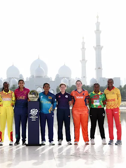 Logo of Captains pose with the ICC Women’s T20 World Cup Qualifier supported by Dream11 trophy in Abu Dhabi