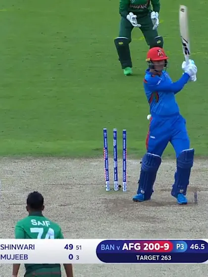 Logo of CWC19: BAN v AFG - Mujeeb is bowled by Shaifuddin 