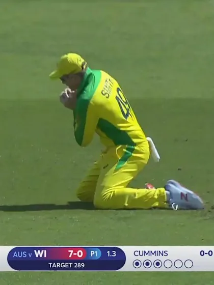 Logo of CWC19: AUS v WI - Evin Lewis is caught at slip off Pat Cummins' bowling